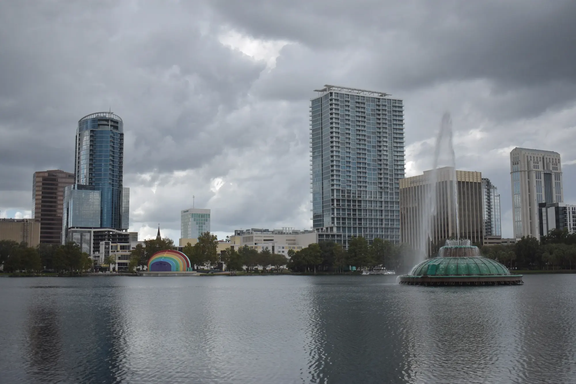 Lake Eola fountain and the downtown Orlando skyline